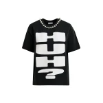 Essentiel Antwerp Black and white cotton T-shirt with "HUH?"- print and bead embellishments - Essentiel Antwerp Shirts - Colorful Belgian Design - Shop at Coveti