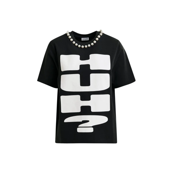 Essentiel Antwerp Black and white cotton T-shirt with "HUH?"- print and bead embellishments - Essentiel Antwerp Shirts - Colorful Belgian Design - Shop at Coveti