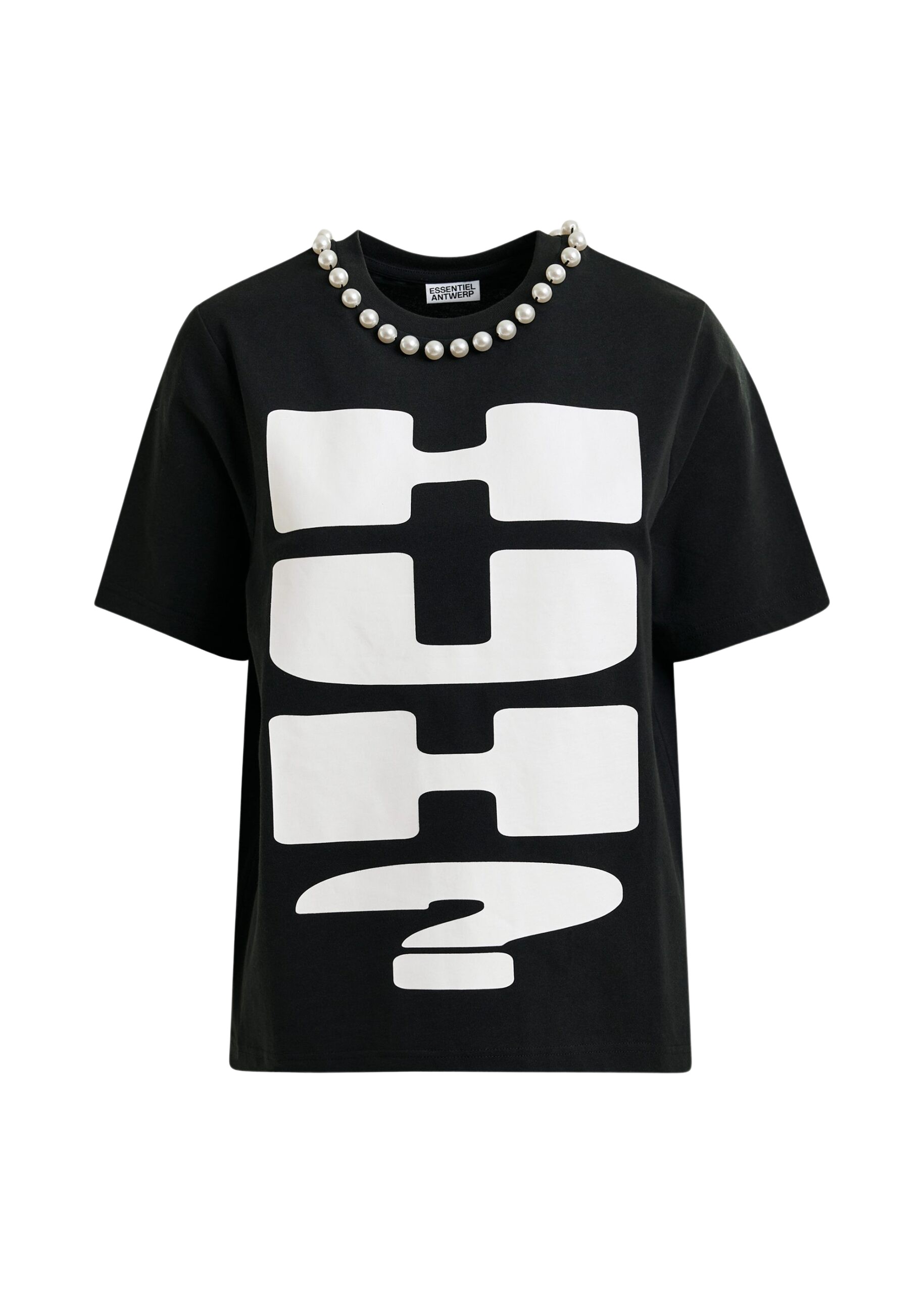 Essentiel Antwerp Black and white cotton T-shirt with "HUH?"- print and bead embellishments - Essentiel Antwerp Shirts - Colorful Belgian Design - Shop at Coveti