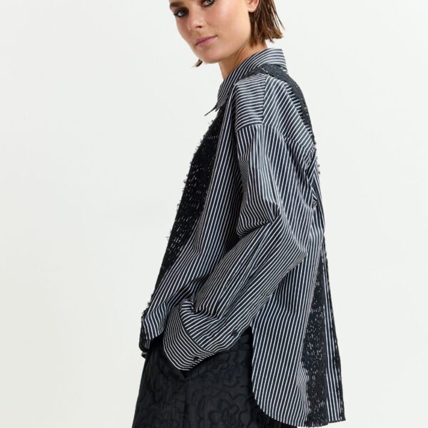 Essentiel Antwerp Black and white oversized striped cotton shirt with lace trims - Essentiel Antwerp Shirts - Colorful Belgian Design - Shop at Coveti