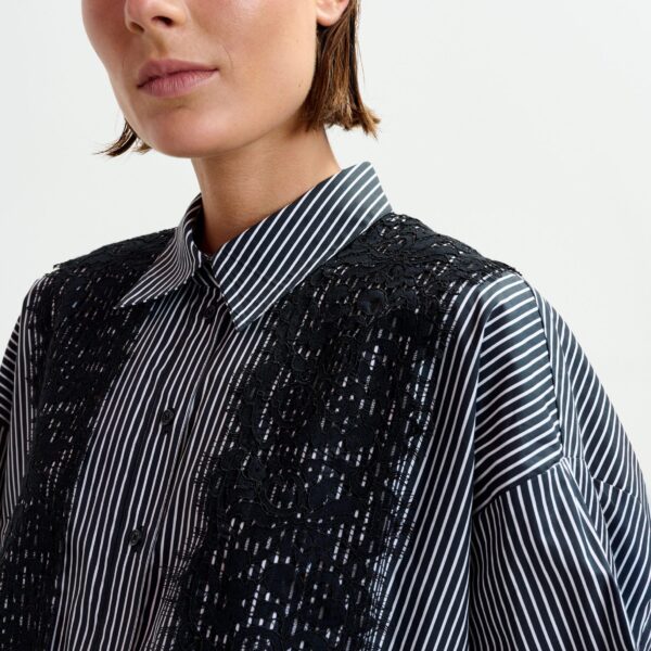 Essentiel Antwerp Black and white oversized striped cotton shirt with lace trims - Essentiel Antwerp Shirts - Colorful Belgian Design - Shop at Coveti