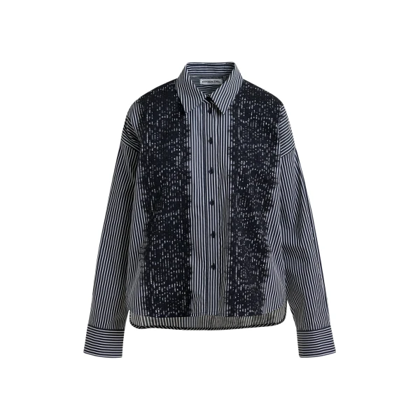 Essentiel Antwerp Black and white oversized striped cotton shirt with lace trims - Essentiel Antwerp Shirts - Colorful Belgian Design - Shop at Coveti