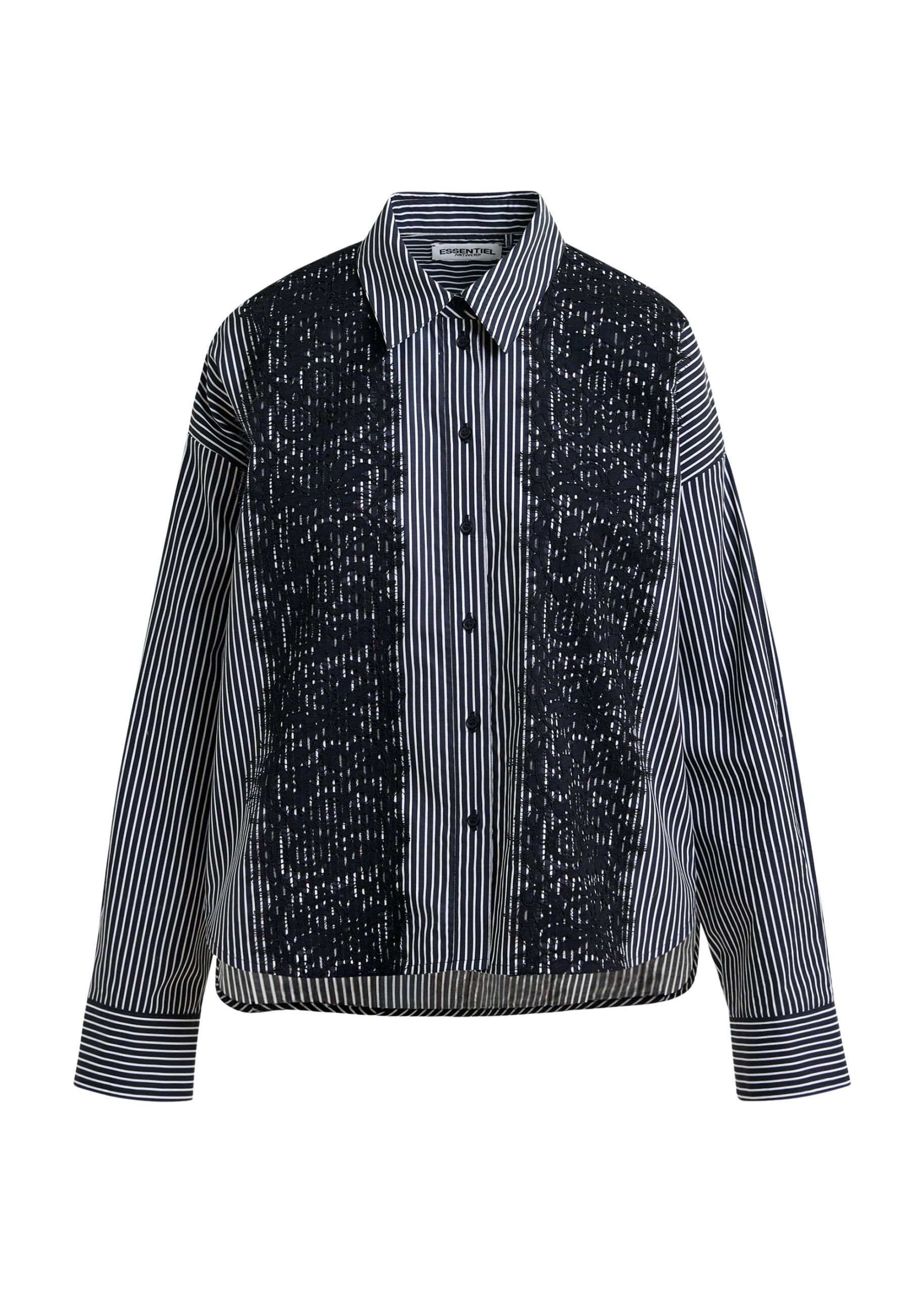 Essentiel Antwerp Black and white oversized striped cotton shirt with lace trims - Essentiel Antwerp Shirts - Colorful Belgian Design - Shop at Coveti