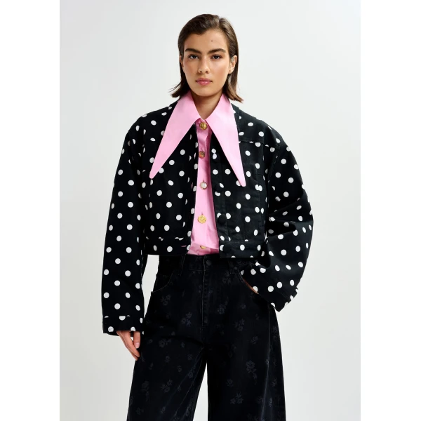 Essentiel Antwerp Black and white polka-dot cropped cotton jacket, view 2