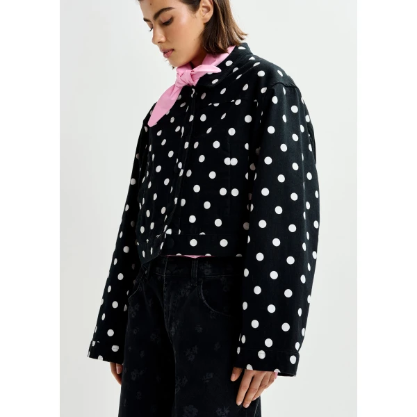 Essentiel Antwerp Black and white polka-dot cropped cotton jacket, view 3