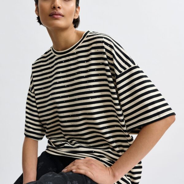 Essentiel Antwerp Black and white striped rhinestone-embellished oversized cotton T-shirt - Essentiel Antwerp Shirts - Colorful Belgian Design - Shop at Coveti
