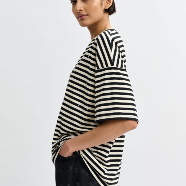 Essentiel Antwerp Black and white striped rhinestone-embellished oversized cotton T-shirt - Essentiel Antwerp Shirts - Colorful Belgian Design - Shop at Coveti