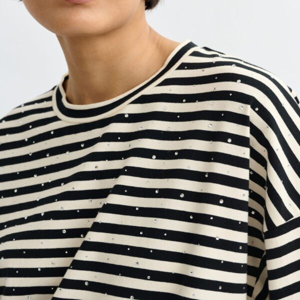 Essentiel Antwerp Black and white striped rhinestone-embellished oversized cotton T-shirt - Essentiel Antwerp Shirts - Colorful Belgian Design - Shop at Coveti