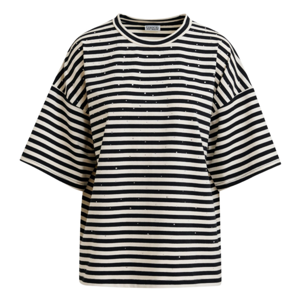 Essentiel Antwerp Black and white striped rhinestone-embellished oversized cotton T-shirt - Essentiel Antwerp Shirts - Colorful Belgian Design - Shop at Coveti