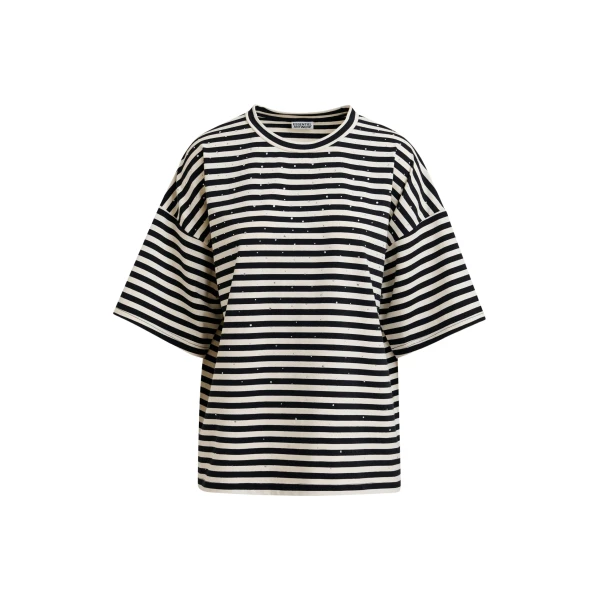 Essentiel Antwerp Black and white striped rhinestone-embellished oversized cotton T-shirt - Essentiel Antwerp Shirts - Colorful Belgian Design - Shop at Coveti