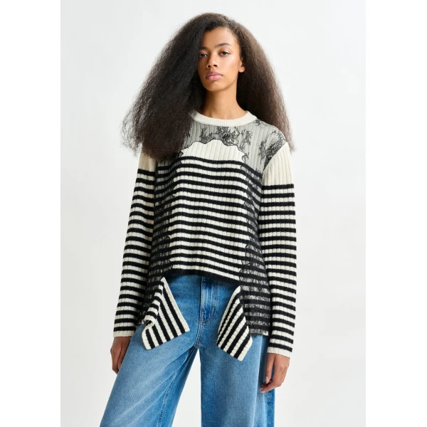 Essentiel Antwerp Black and white striped wool and lace-panel sweater, view 2