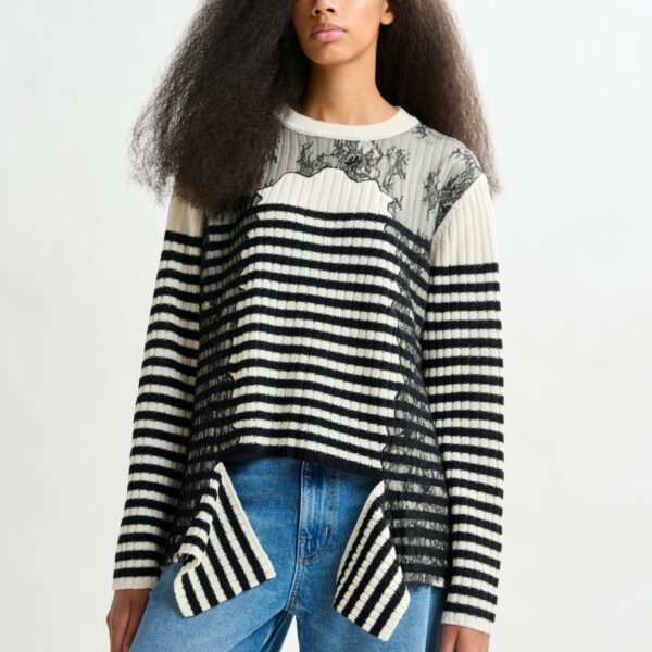 Essentiel Antwerp Black and white striped wool and lace-panel sweater - Essentiel Antwerp Knitwear - Colorful Belgian Design - Shop at Coveti