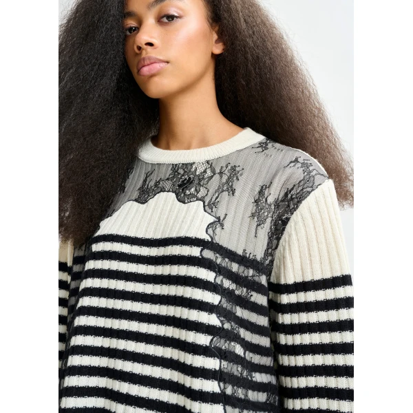 Essentiel Antwerp Black and white striped wool and lace-panel sweater, view 3