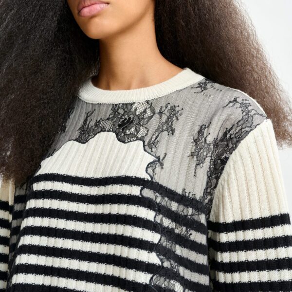Essentiel Antwerp Black and white striped wool and lace-panel sweater - Essentiel Antwerp Knitwear - Colorful Belgian Design - Shop at Coveti