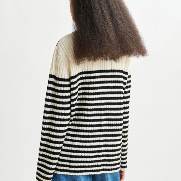 Essentiel Antwerp Black and white striped wool and lace-panel sweater - Essentiel Antwerp Knitwear - Colorful Belgian Design - Shop at Coveti
