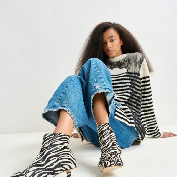Essentiel Antwerp Black and white striped wool and lace-panel sweater - Essentiel Antwerp Knitwear - Colorful Belgian Design - Shop at Coveti