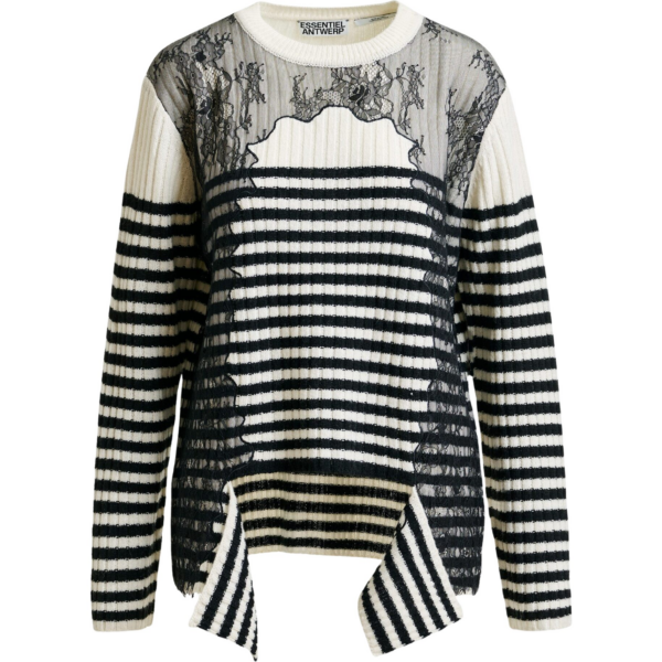 Essentiel Antwerp Black and white striped wool and lace-panel sweater - Essentiel Antwerp Knitwear - Colorful Belgian Design - Shop at Coveti