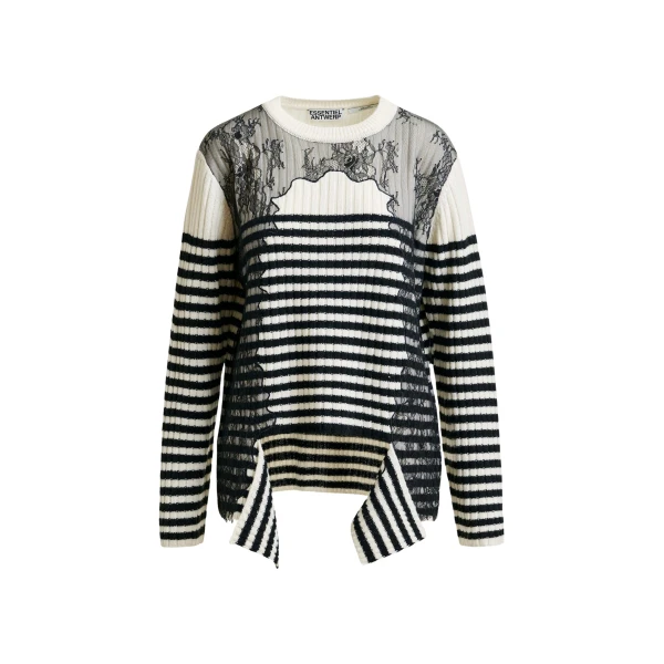 Essentiel Antwerp Black and white striped wool and lace-panel sweater - Essentiel Antwerp Knitwear - Colorful Belgian Design - Shop at Coveti