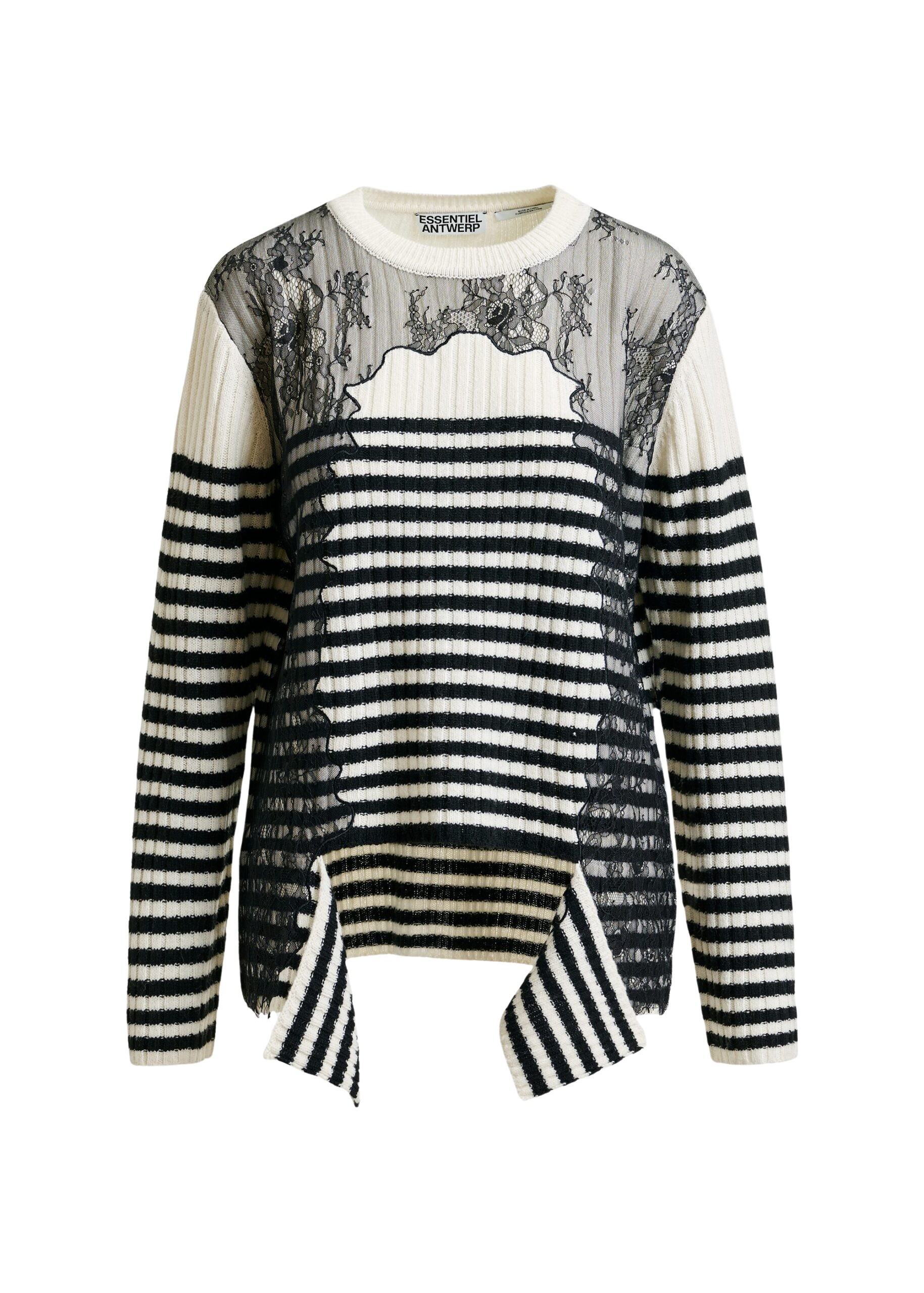 Essentiel Antwerp Black and white striped wool and lace-panel sweater - Essentiel Antwerp Knitwear - Colorful Belgian Design - Shop at Coveti