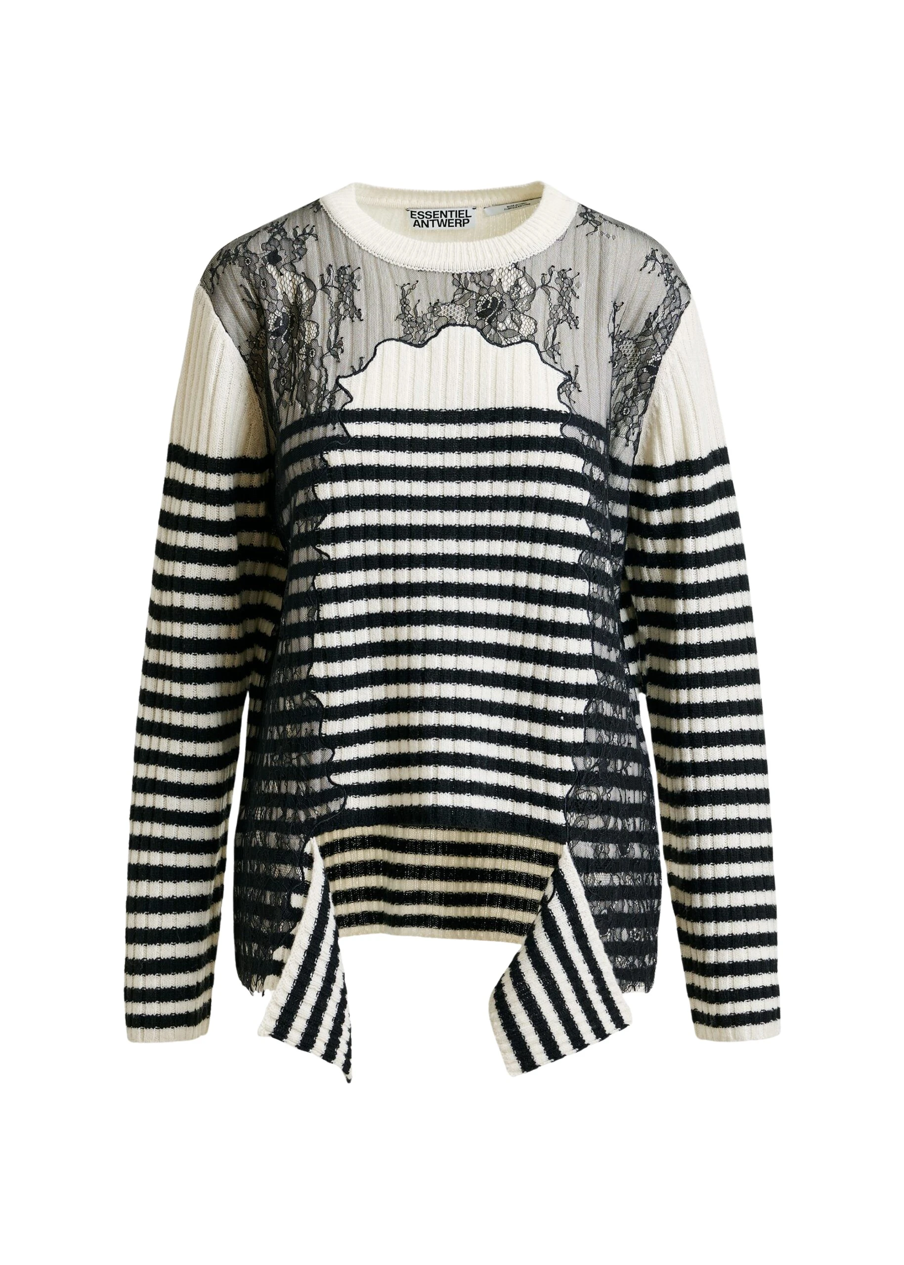 Black-and-white-striped-wool-and-lace-panel-sweater-Essentiel-Antwerp-Knitwear-scaled35996_nobg Essentiel Antwerp Black and white striped wool and lace-panel sweater - Essentiel Antwerp Knitwear - Colorful Belgian Design - Shop at Coveti