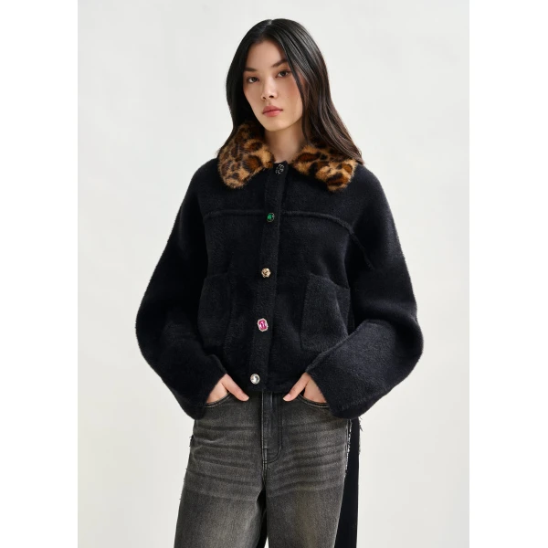 Essentiel Antwerp Black cardigan with removable leopard faux fur collar, view 2