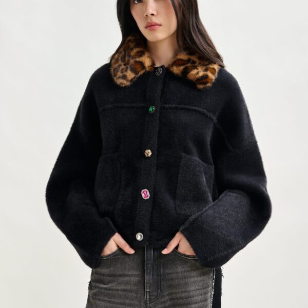 Essentiel Antwerp Black cardigan with removable leopard faux fur collar - Essentiel Antwerp Knitwear - Colorful Belgian Design - Shop at Coveti