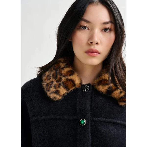 Essentiel Antwerp Black cardigan with removable leopard faux fur collar, view 3