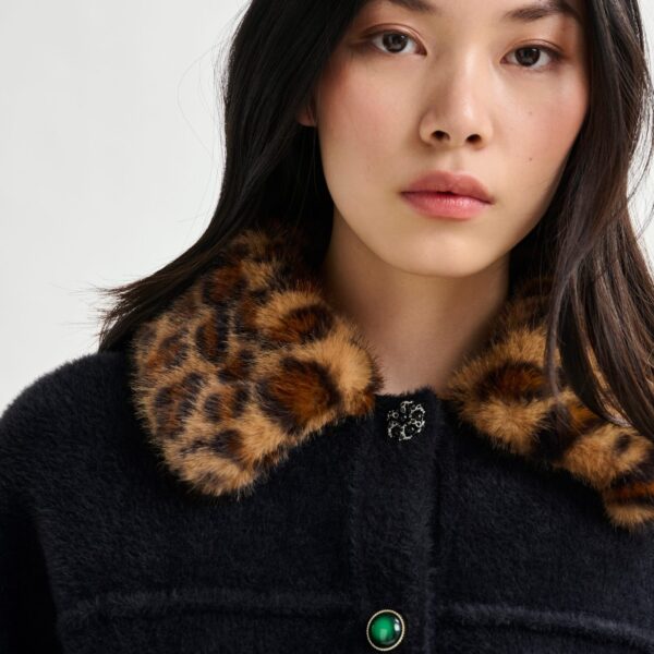 Essentiel Antwerp Black cardigan with removable leopard faux fur collar - Essentiel Antwerp Knitwear - Colorful Belgian Design - Shop at Coveti