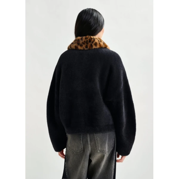 Essentiel Antwerp Black cardigan with removable leopard faux fur collar, view 4