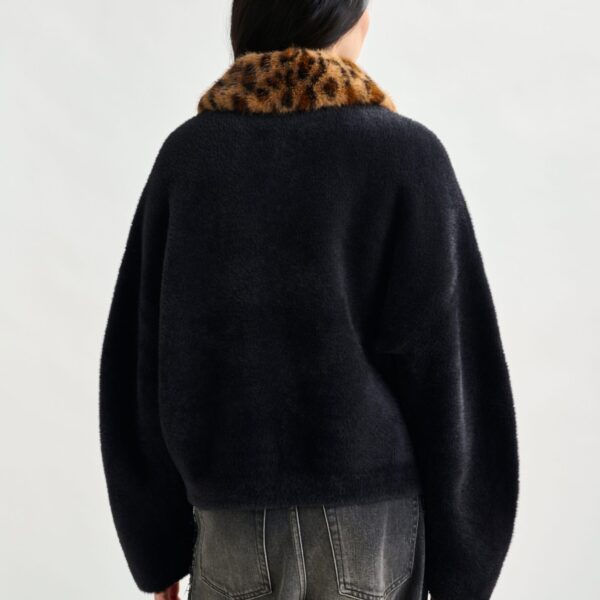 Essentiel Antwerp Black cardigan with removable leopard faux fur collar - Essentiel Antwerp Knitwear - Colorful Belgian Design - Shop at Coveti