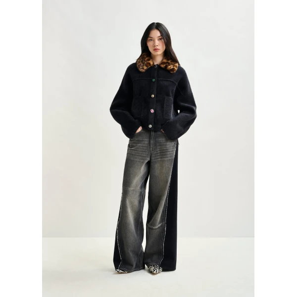 Essentiel Antwerp Black cardigan with removable leopard faux fur collar, view 5
