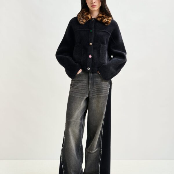 Essentiel Antwerp Black cardigan with removable leopard faux fur collar - Essentiel Antwerp Knitwear - Colorful Belgian Design - Shop at Coveti