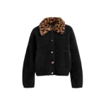 Essentiel Antwerp Black cardigan with removable leopard faux fur collar - Essentiel Antwerp Knitwear - Colorful Belgian Design - Shop at Coveti