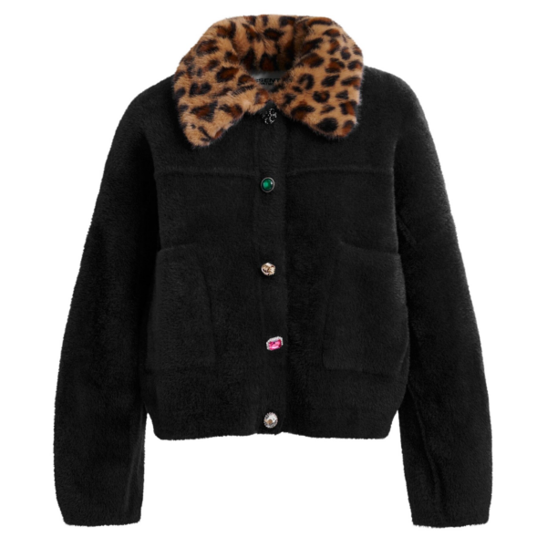 Essentiel Antwerp Black cardigan with removable leopard faux fur collar - Essentiel Antwerp Knitwear - Colorful Belgian Design - Shop at Coveti