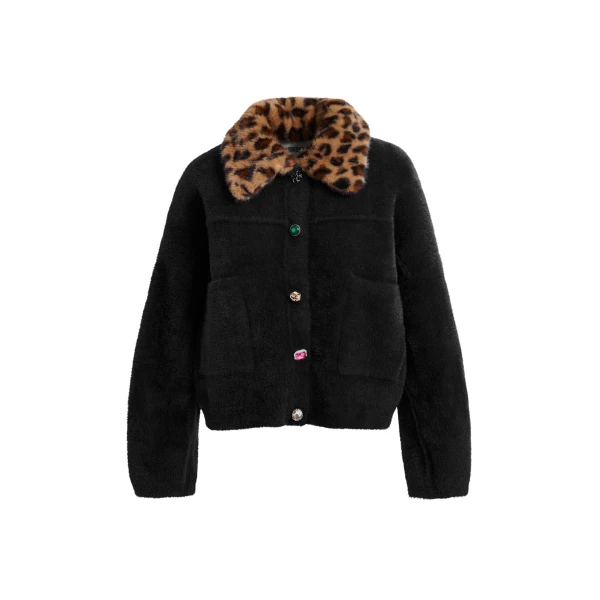 Essentiel Antwerp Black cardigan with removable leopard faux fur collar - Essentiel Antwerp Knitwear - Colorful Belgian Design - Shop at Coveti