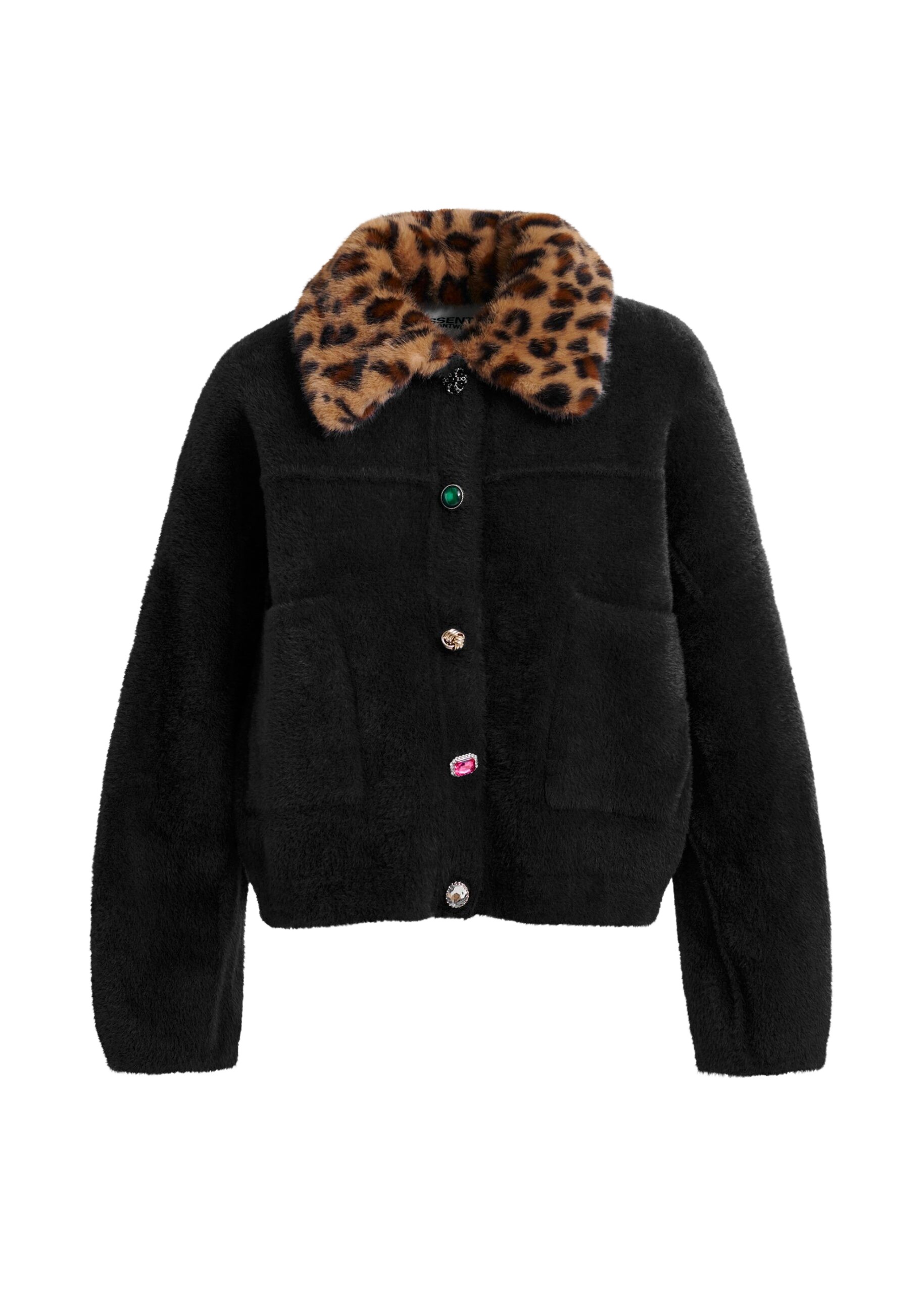 Essentiel Antwerp Black cardigan with removable leopard faux fur collar - Essentiel Antwerp Knitwear - Colorful Belgian Design - Shop at Coveti