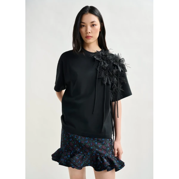 Essentiel Antwerp Black cotton T-shirt with floral detail Top, view 2