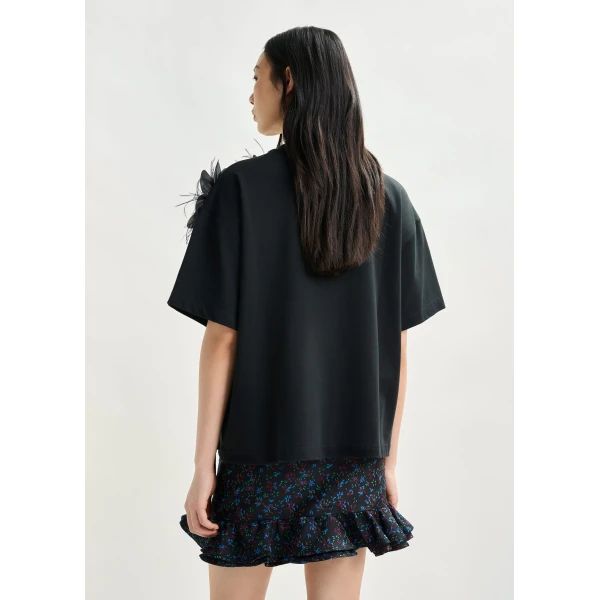 Essentiel Antwerp Black cotton T-shirt with floral detail Top, view 4