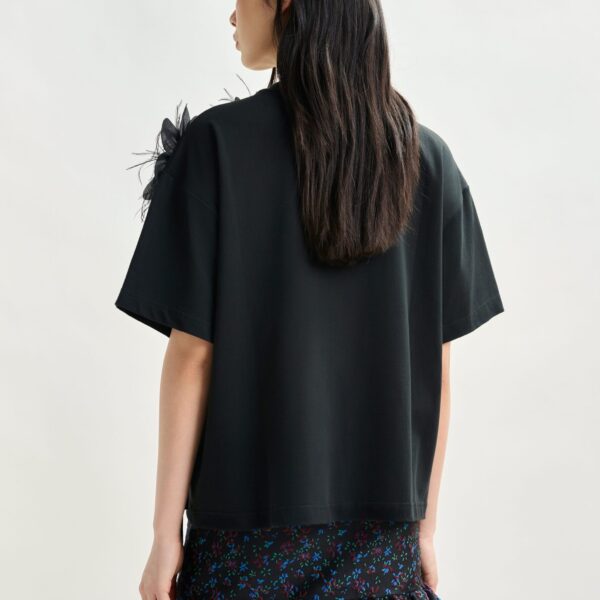 Essentiel Antwerp Black cotton T-shirt with floral detail - Essentiel Antwerp Shirts - Colorful Belgian Design - Shop at Coveti