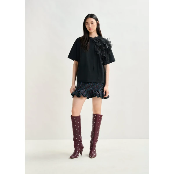 Essentiel Antwerp Black cotton T-shirt with floral detail Top, view 5