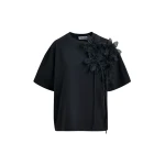 Essentiel Antwerp Black cotton T-shirt with floral detail - Essentiel Antwerp Shirts - Colorful Belgian Design - Shop at Coveti