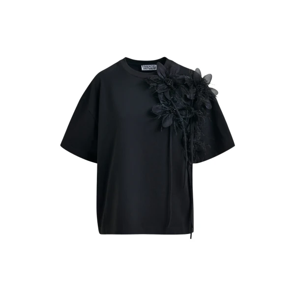 Essentiel Antwerp Black cotton T-shirt with floral detail - Essentiel Antwerp Shirts - Colorful Belgian Design - Shop at Coveti