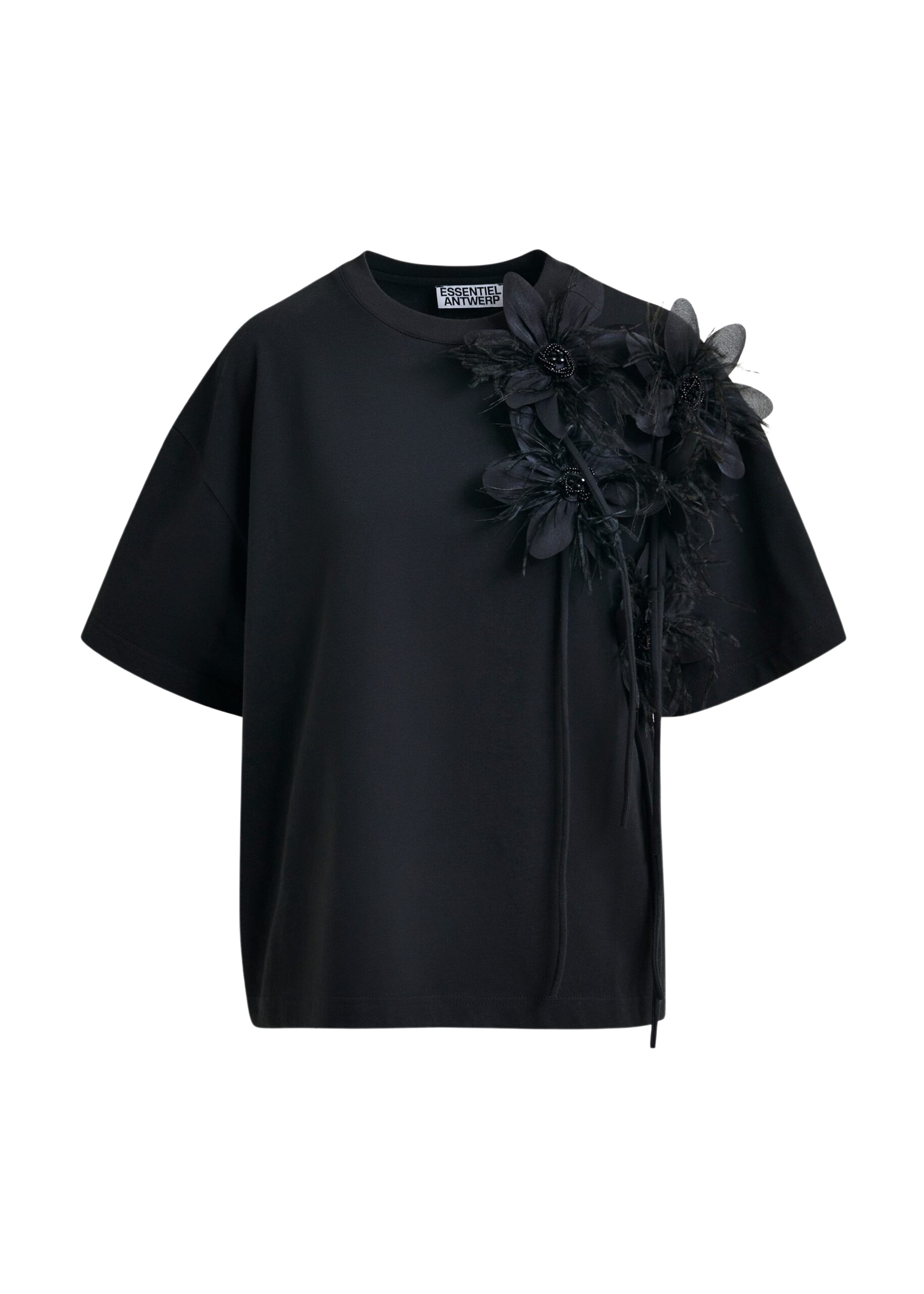 Essentiel Antwerp Black cotton T-shirt with floral detail - Essentiel Antwerp Shirts - Colorful Belgian Design - Shop at Coveti