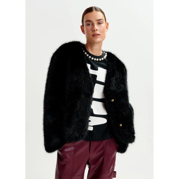 Essentiel Antwerp Black faux fur jacket, view 2