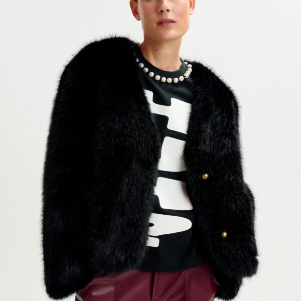 Essentiel Antwerp Black faux fur jacket - Essentiel Antwerp Jackets - Colorful Belgian Design - Shop at Coveti