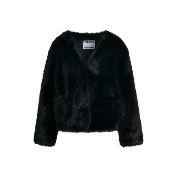 Essentiel Antwerp Black faux fur jacket - Essentiel Antwerp Jackets - Colorful Belgian Design - Shop at Coveti