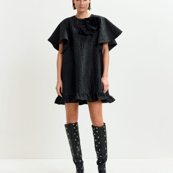 Essentiel Antwerp Black jacquard A-line mini dress with flower brooch - Essentiel Antwerp Dresses - Colorful Belgian Design - Shop at Coveti