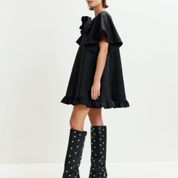 Essentiel Antwerp Black jacquard A-line mini dress with flower brooch - Essentiel Antwerp Dresses - Colorful Belgian Design - Shop at Coveti