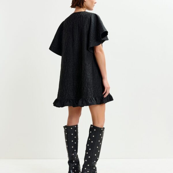 Essentiel Antwerp Black jacquard A-line mini dress with flower brooch - Essentiel Antwerp Dresses - Colorful Belgian Design - Shop at Coveti