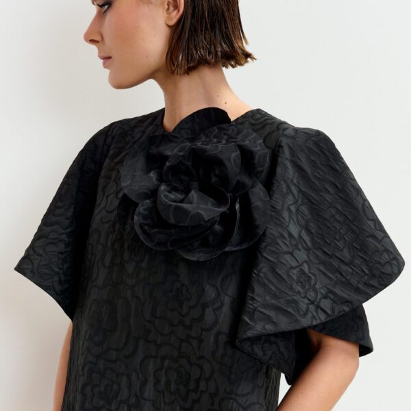 Essentiel Antwerp Black jacquard A-line mini dress with flower brooch - Essentiel Antwerp Dresses - Colorful Belgian Design - Shop at Coveti